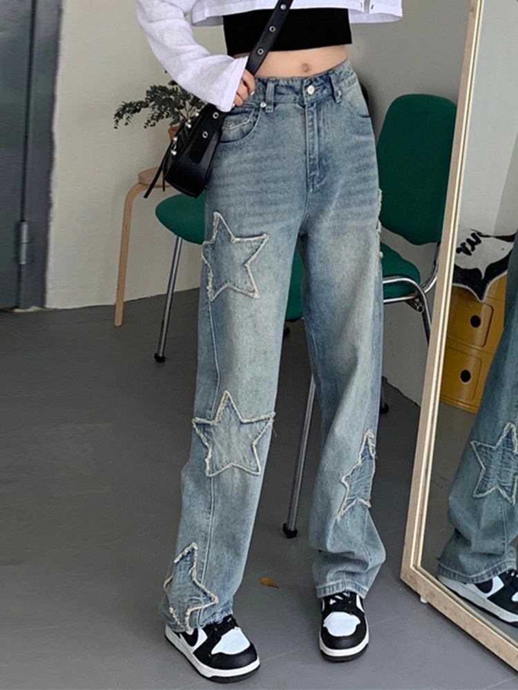 Y2K sterrenpatch jeans, wijde pijpen, hoge taille: schitterend retro gevoel, nu in jouw garderobe!